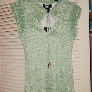 DKNY green/gold striped Crinkle blouse.